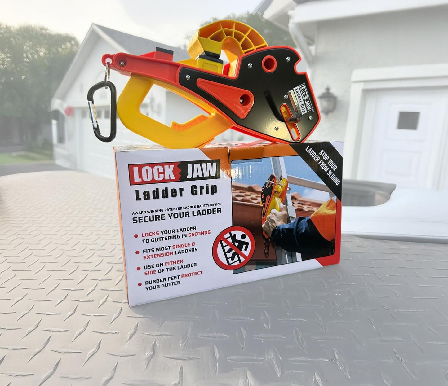 Lock Jaw Roof Ladder Stabilizer Hook for Gutter - Standoff in 5 Seconds with Slide-Lock Security - Prevent Aluminum Ladders Top Movement & Falls - Award-Winning Extension Ladder Accessories for Roof