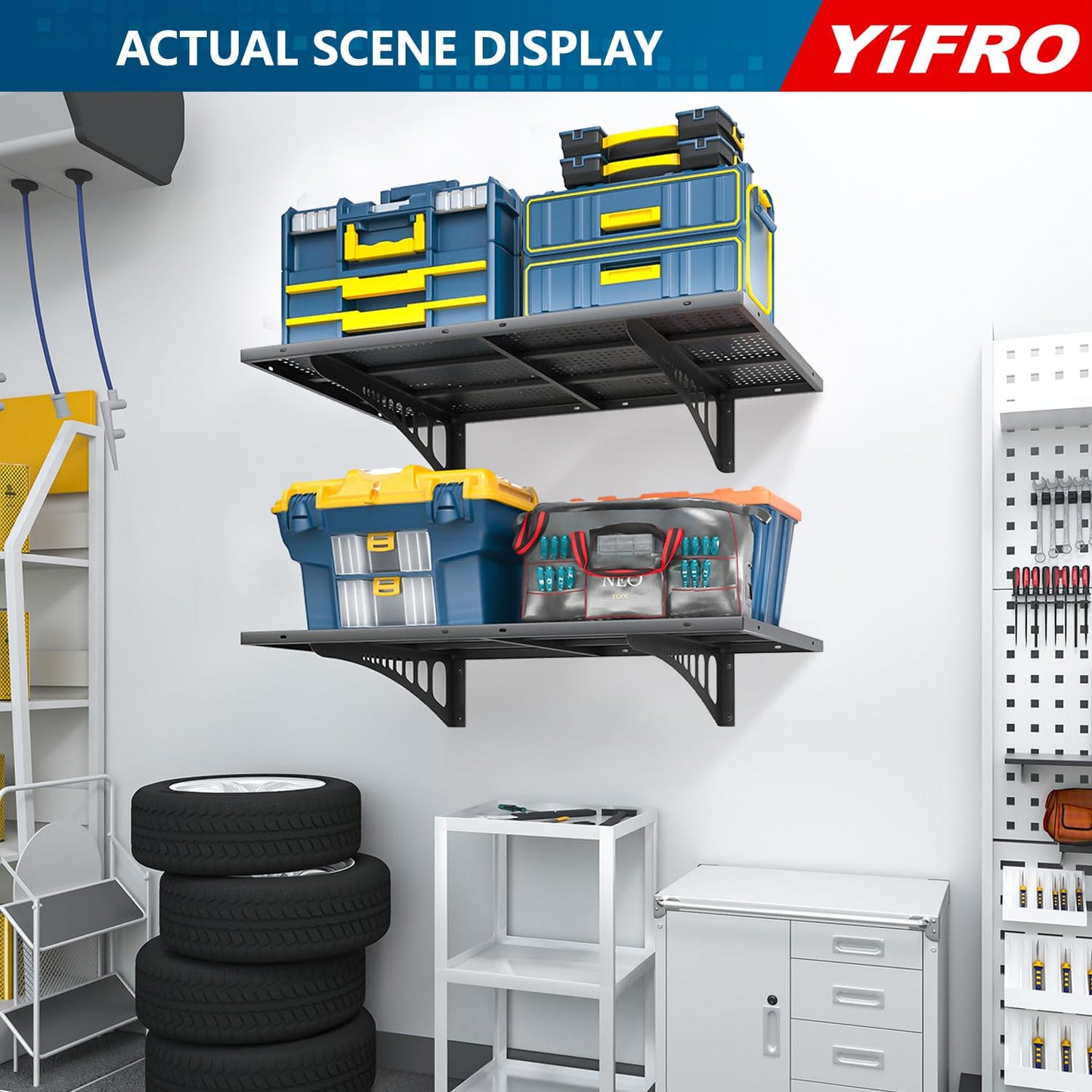 YIFRO 4-Pack 2x3ft Heavy Duty Garage Wall Shelving, 1000 lbs Load Capacity, Garage Shelving Wall Mounted, Garage Storage Rack with Hooks, Black