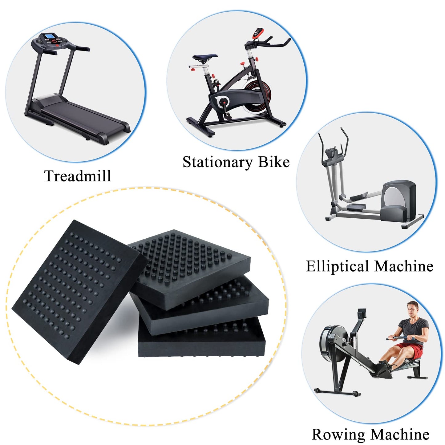 BXI Exercise Equipment Mat Heavy Duty - 4 x 4 x 0.8 Inches 4 Pcs Non Slip Noise Reduction Anti Vibration Treadmill Stationary Bike Mats, Thick Steel Embedded Rubber Pad for Hardwood Floors & Carpet