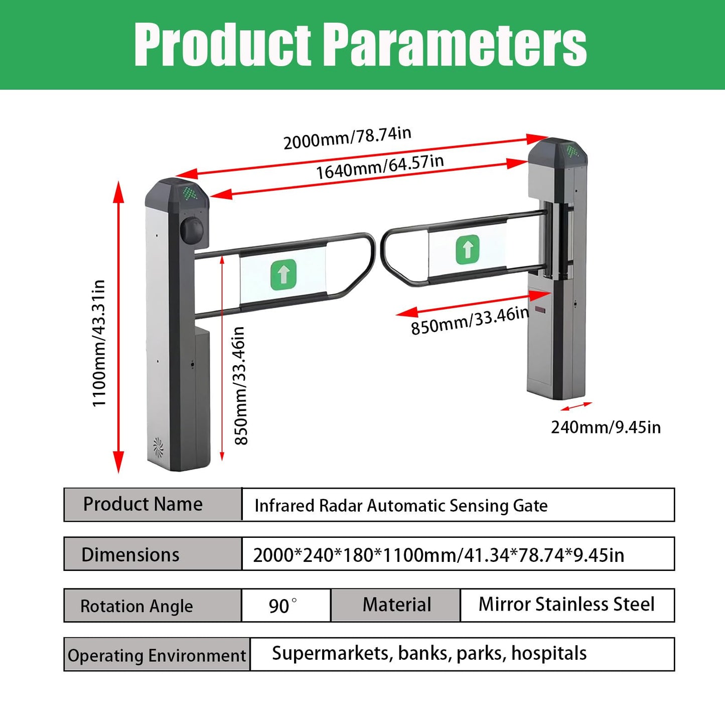 FRANREADER Public Entrance Automatic Turnstile with Radar Sensing - 90° Swing Gate for Transportation Hubs & Retail, Featuring Reverse Alarms & LED Indicators, One-Way Entry Access Control System
