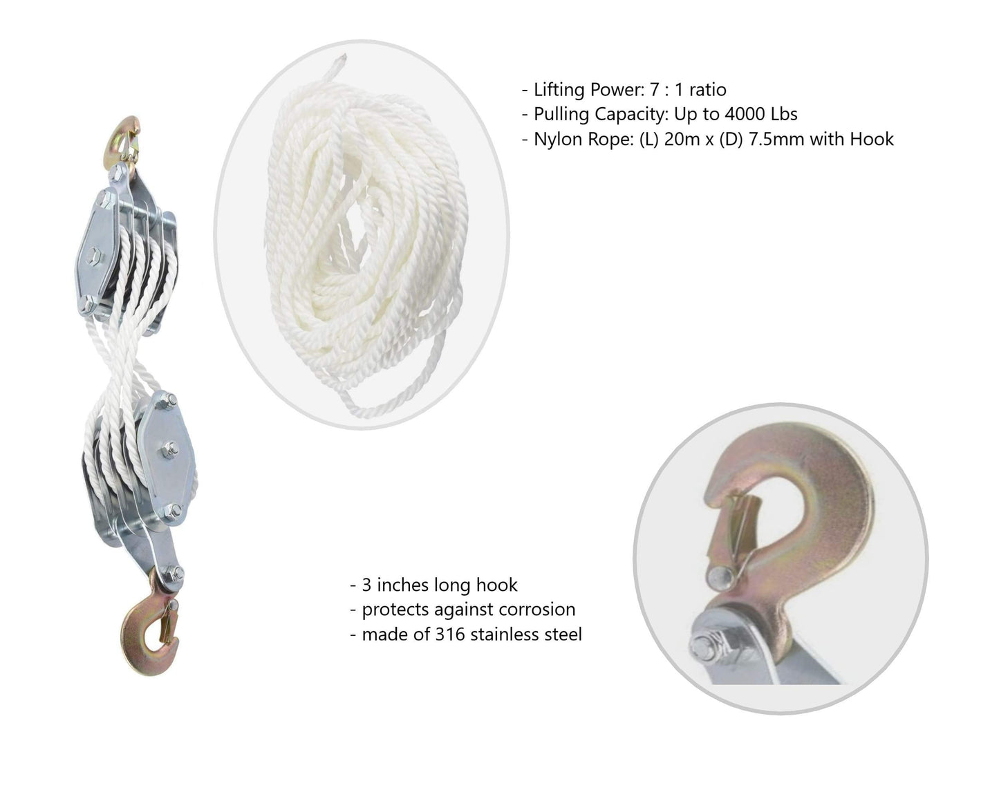 Block and Tackle Pulley System for Lifting Objects - SoB 4000LB Breaking Strength with 65 Feet of 3/8" Rope - 7:1 Lifting Power - Heavy Duty Rope Hoist Pulley System for Garage Warehouse Construction