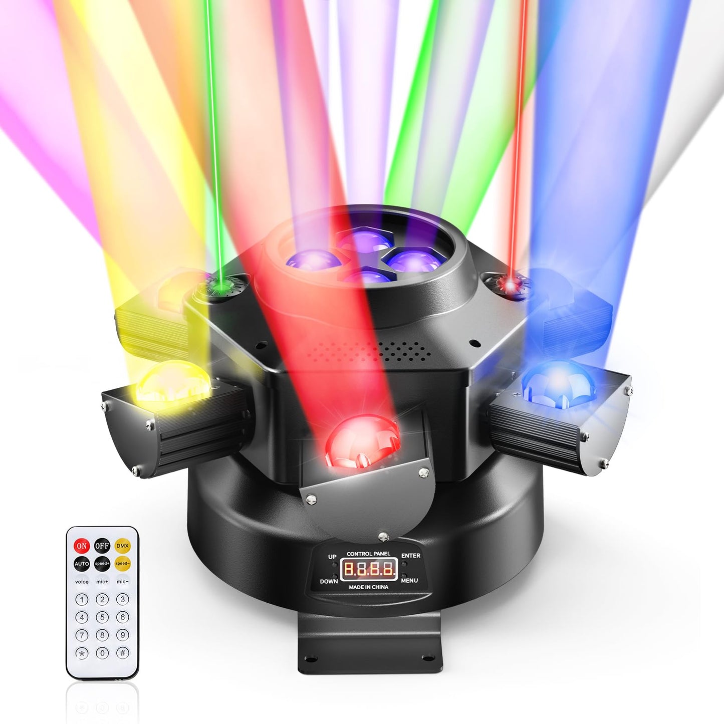 6 Arms Moving Head DJ Lights, Quality Metal Casing, 150W Disco Stage Light with RGBW 4-in-1 LED, DMX-512 & Sound Activation & Remote Control, Laser Party Lights for Bar, Wedding, Club Live House