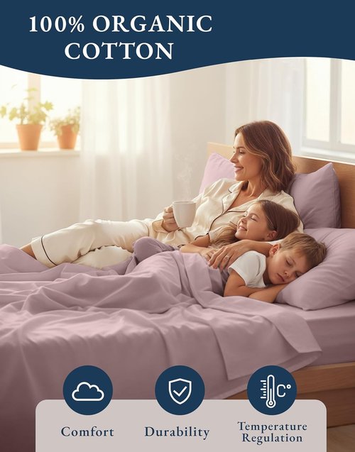 LANE LINEN Queen Size Sheet Set - 100% Organic Cotton, Breathable Percale Weave, Deep Pocket - Lilac