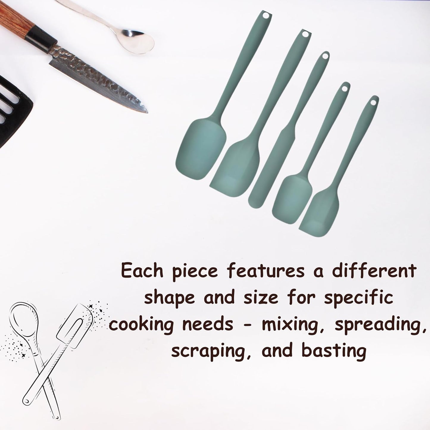 Skiennix Silicone Spatula Set - 5-Piece Kitchen Utensils, Heat Resistant to 445°F, Sage Green | Non-Stick & Easy to Clean