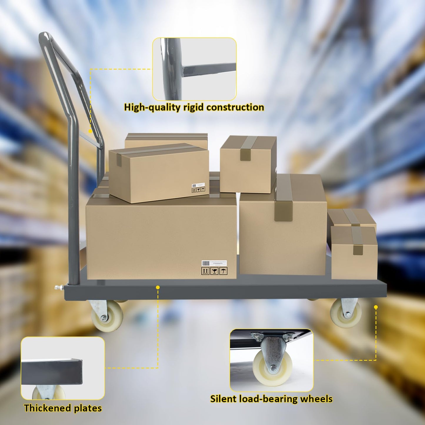 Heavy Duty Platform Truck Moving Flatbed Cart, 24"x36"Push Dolly, 2000 LBS Dolly Cart Flatform with Wheels and Handle, Steel Flatbed Cart for Luggage Moving, Shopping