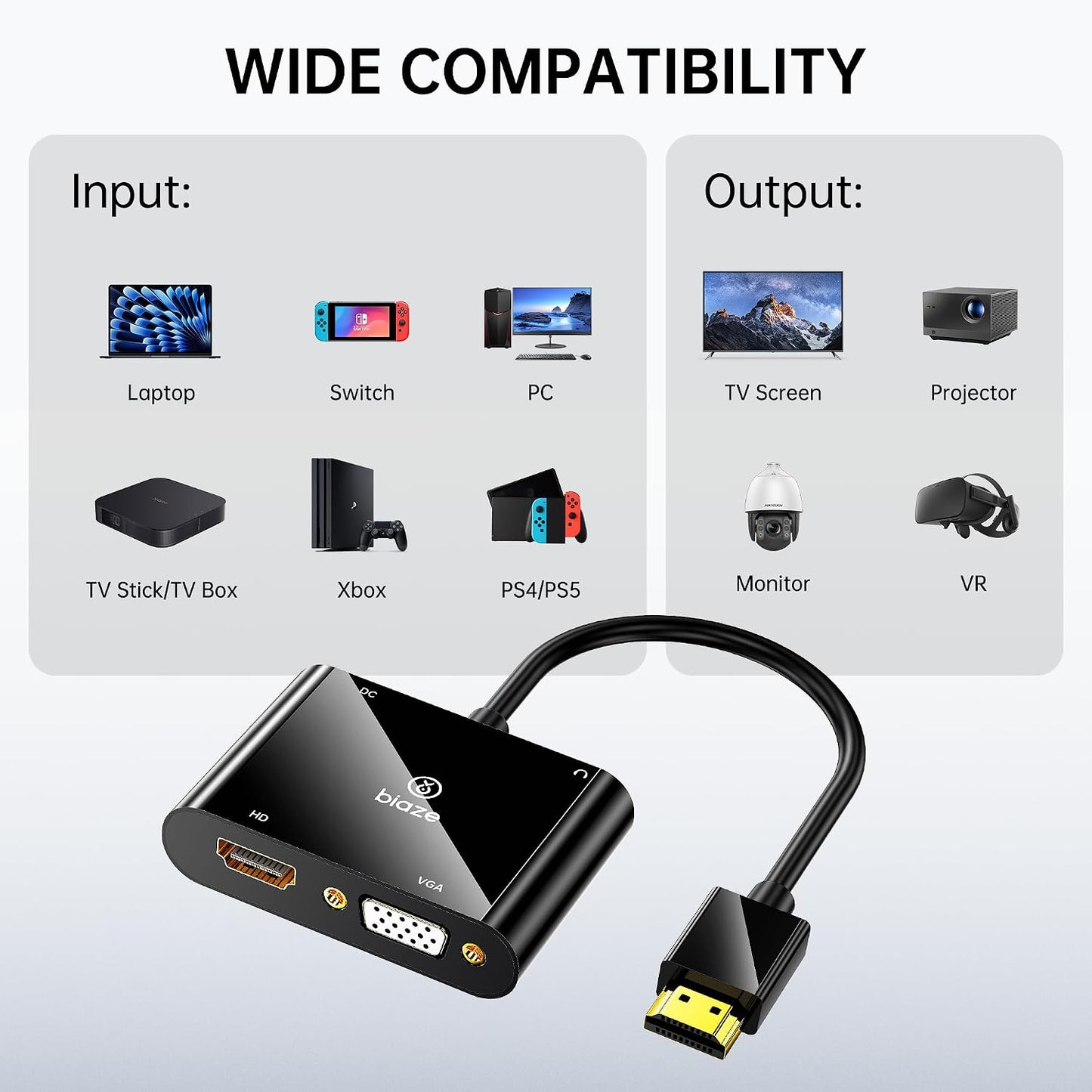 1080P HDMI to VGA and HDMI Adapter, Dual Output Video Converter with Audio, USB-Powered HDMI Splitter for Laptop, TV