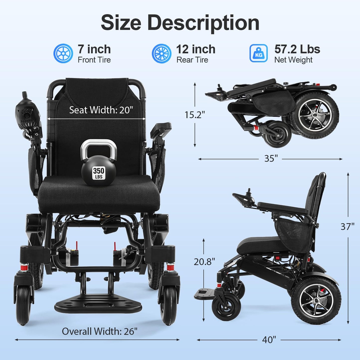 35 Miles Long Range Electric Wheelchair for Adults, Foldable Motorized Wheelchair with 2 Removable 12Ah Batteries, All Terrain Power Wheelchairs for Senior, Airline Approved, Black