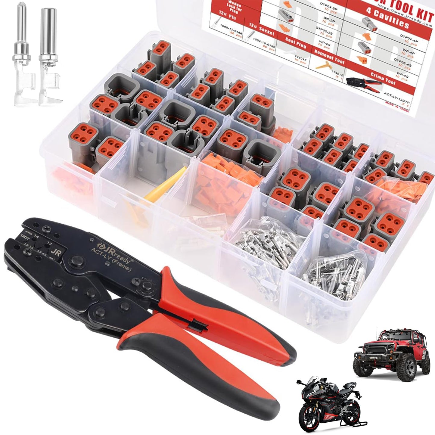JRready ST6337 Deutsch DTP Connector Kit with Crimper, 2 4 Pin Waterproof Connectors 10 Sets with Ratcheting Terminal Crimping Tool, Size 12 Stamped Contacts 14-12 AWG, Deutsch Pin Removal Tool