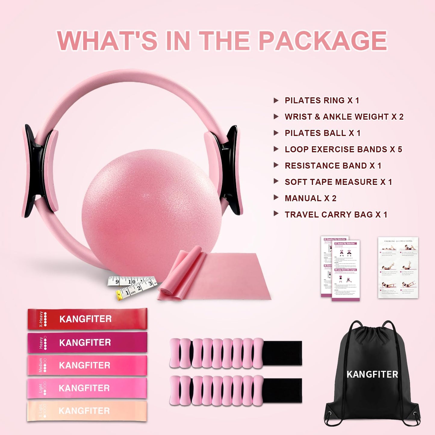 KANGFITER Pilates Equipment Kit for Home Workout, Pilates Ring and Ball Set with Adjustable Ankle Wrist Weights, Resistance Bands, Tape Measure, Bag, Pilates Essentials Accessories for Women Yoga