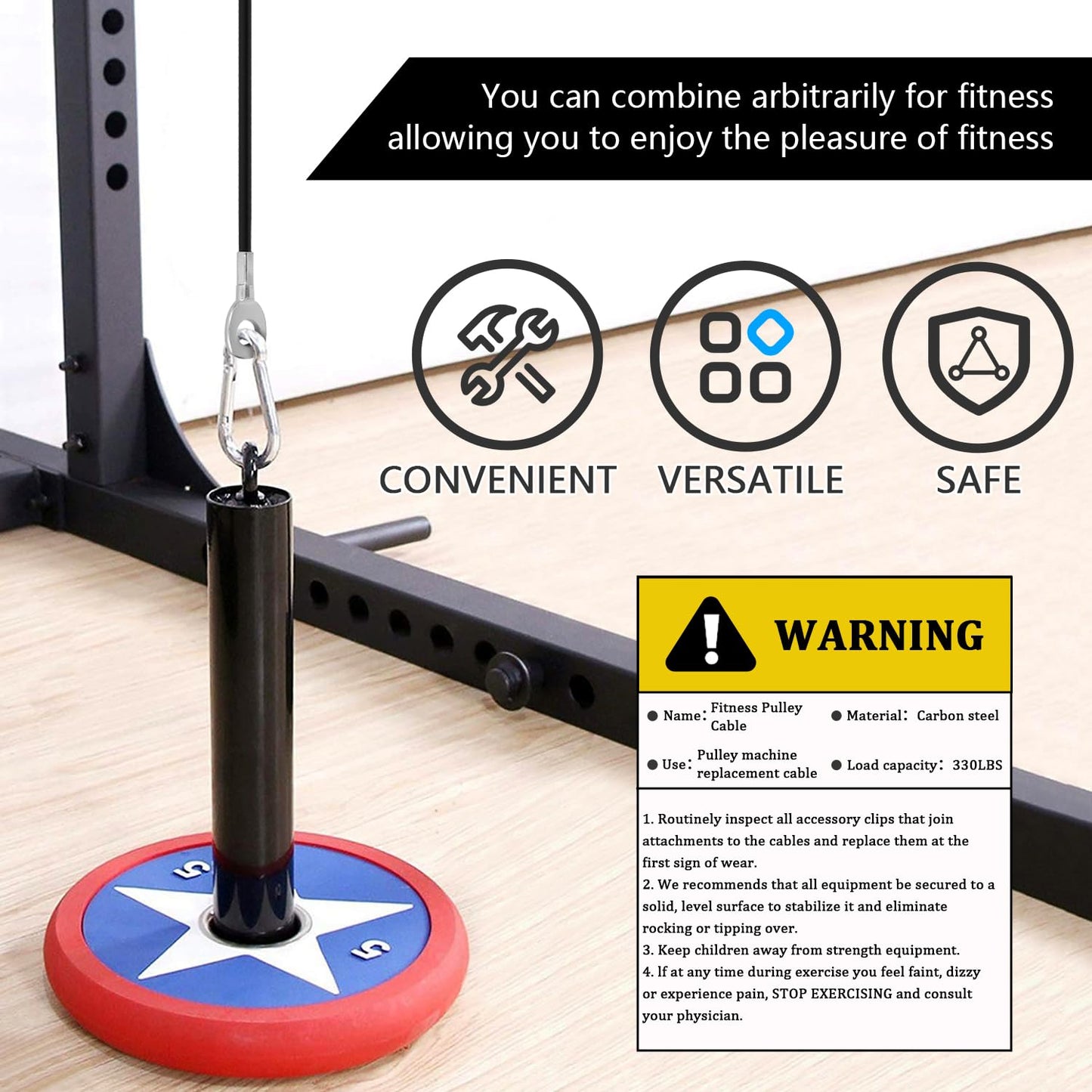 Favuit Fitness Pulley Cable, Gym Replacement Cable, Heavy Duty Steel Wire Rope, Black, 59in