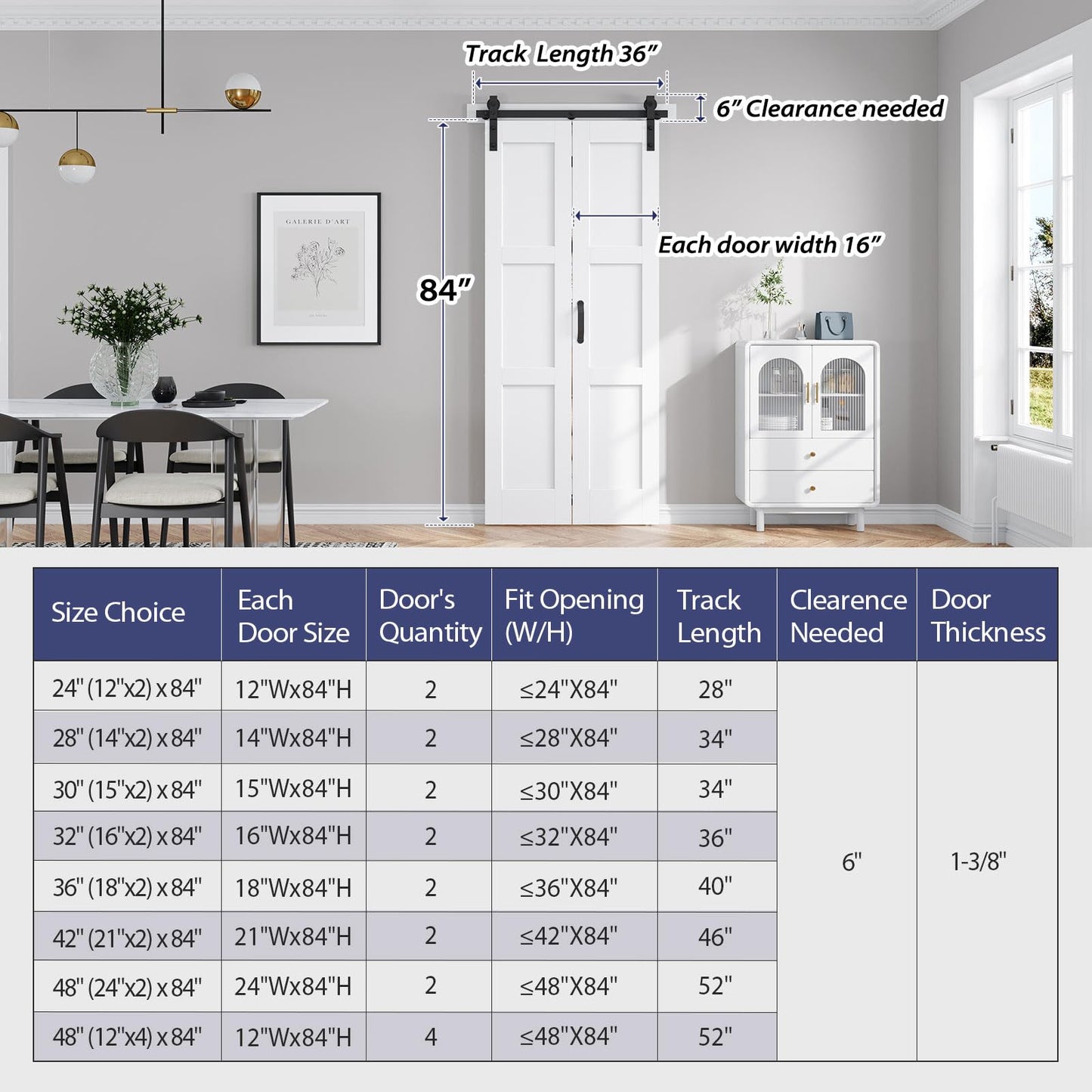 FREDBECK 32X84(Double 16x84) White Bifold Barn Door Sliding Folding Doors with 36" Hardware Track Kit Included,Solid MDF with Water-Proof PVC Surface for Closet,Assembly Required