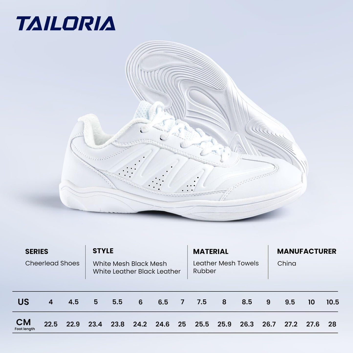 TAILORIA Cheer Shoes Girls-White & Black Cheerleading Dance Sneakers for Competition Sport Training