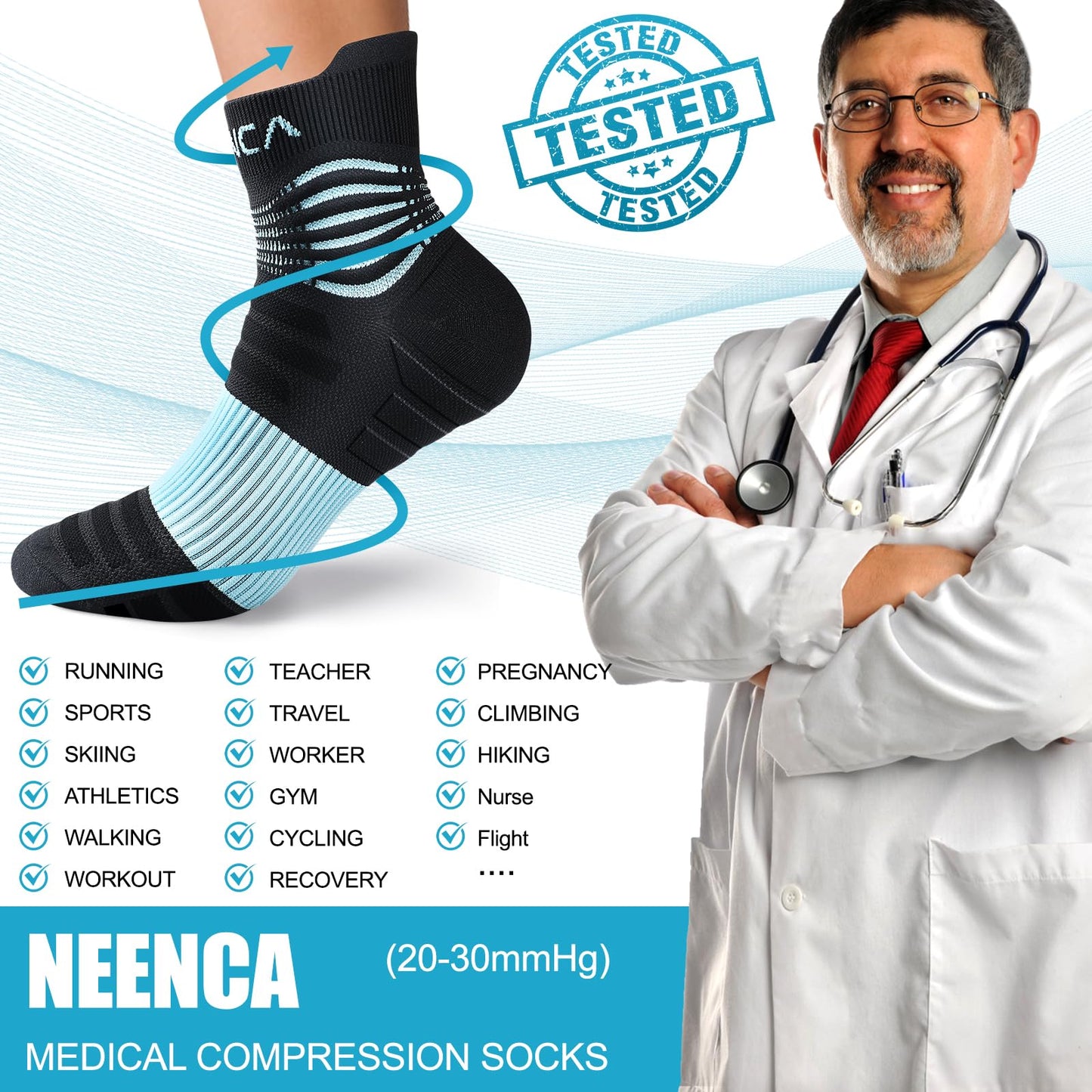 NEENCA Medical Compression Socks for Women & Men Circulation, Ankle Compression Stockings for Pain Relief, Plantar Fasciitis, Swelling, Neuropathy, Runner, Nurses, Travel, Pregnancy, Flying,20-30 mmHg