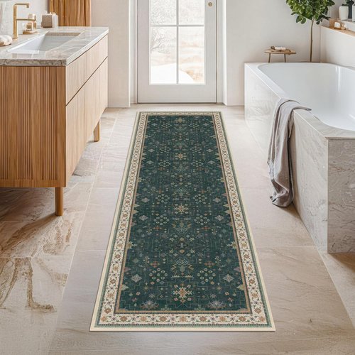 Hazo Haus Vintage 2x7 Washable Runner Rug - Non-Slip, Stain Resistant | Dark Green Floral Design for Kitchen & Hallway