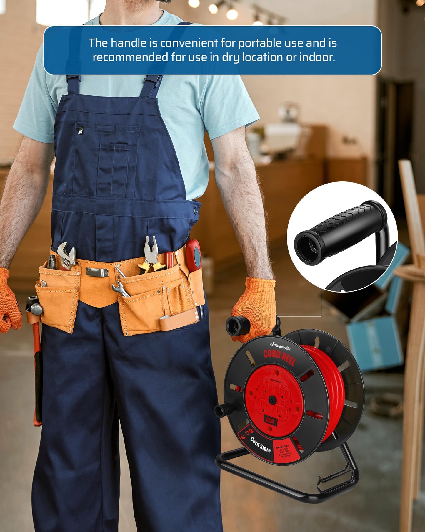 DEWENWILS Extension Cord Storage Reel with 4-Grounded Outlets, Heavy Duty Open Cord Reel for 12/3,14/3,16/3 Gauge Power Cord, Hand Wind Retractable, 15A Circuit Breaker, Rocker Power Switch