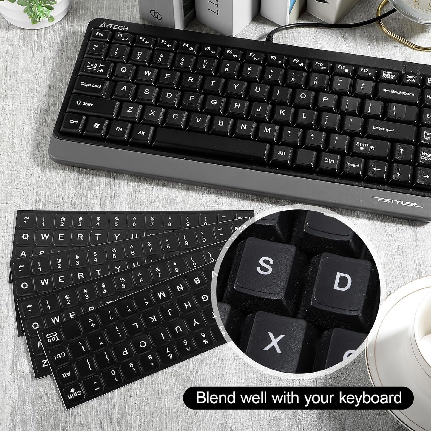 Xinjoduz 4 PCS Universal English Keyboard Letter Stickers, Black Background with White Lettering, Keyboard Stickers