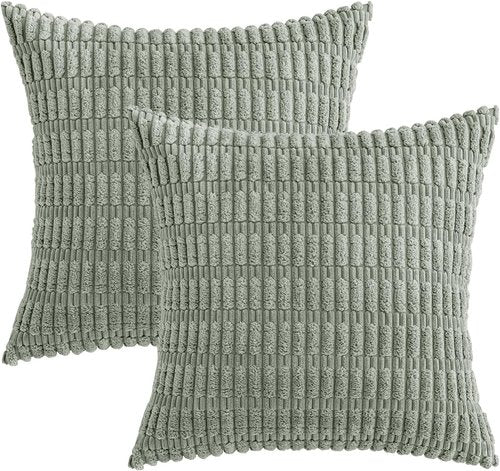 MIULEE Decorative Throw Pillow Covers - Soft Boho Striped Corduroy | Pack of 2, 12x12 Inch, Greyish Green