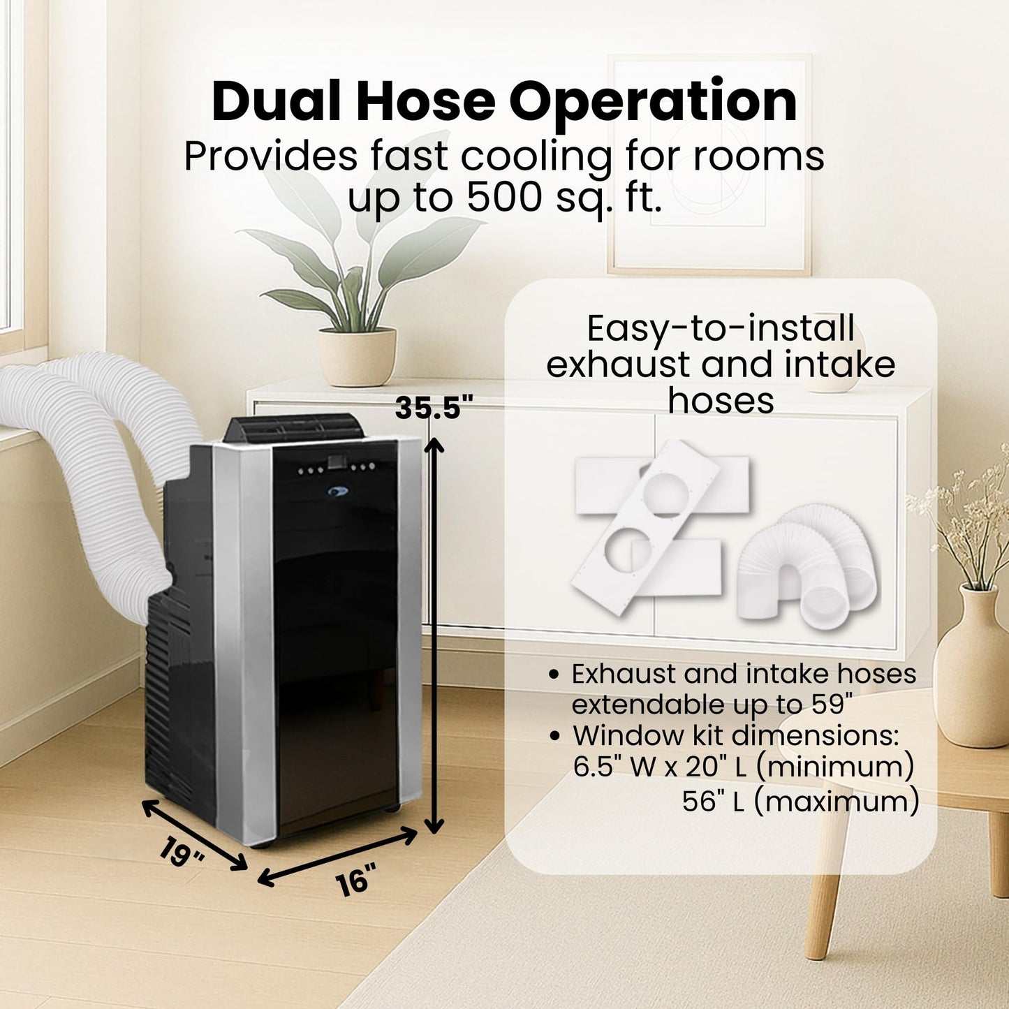 Whynter Portable Air Conditioner 14,000 BTU with Dual Hose Dehumidifier & Cooling Fan for 500 Sq Ft Rooms, Includes AC Unit Window Kit, ARC-14S (9,500 SACC)