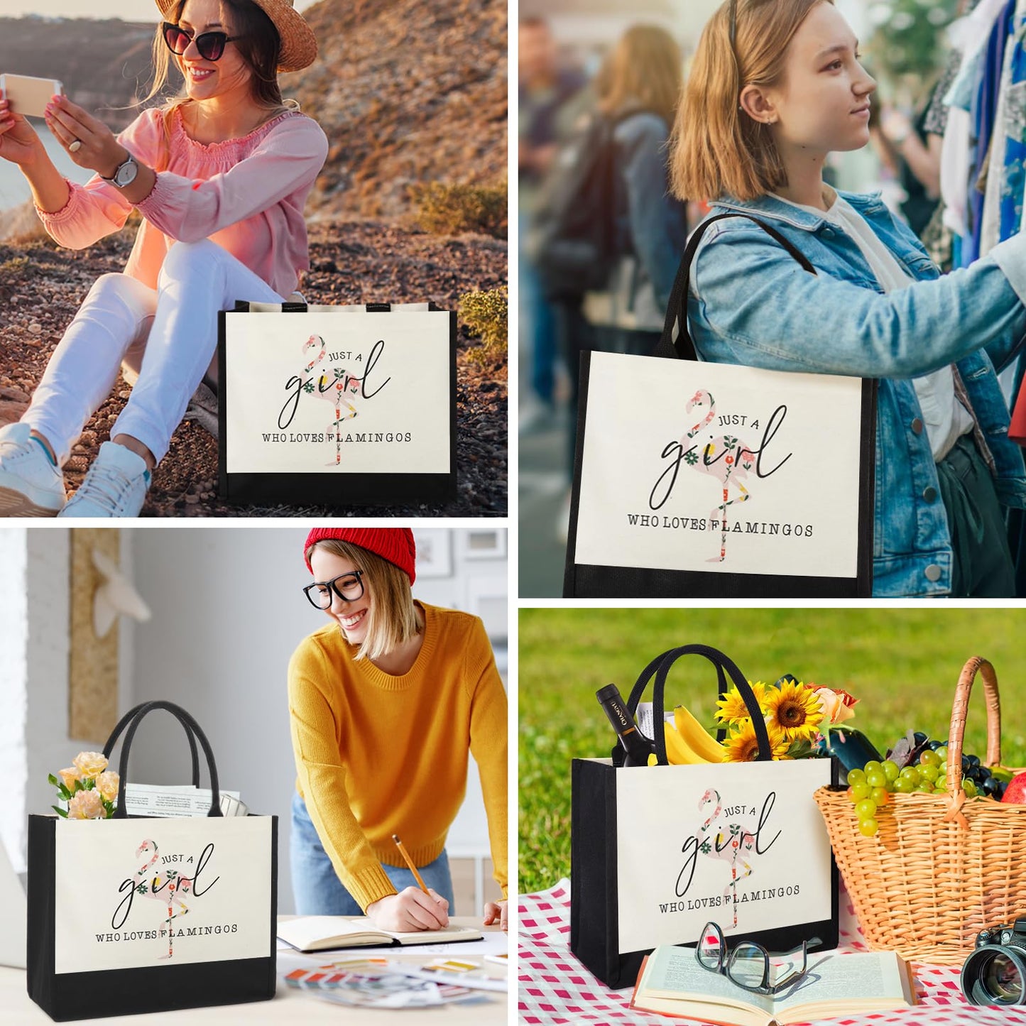 Canvas Tote Bag for Women, Cute Flamingo Gifts for Women, Flamingo Lover Gifts Aesthetic Beach Bag Reusable Grocery Bag, Birthday Christmas Gift for Mom Daughter Friends Sisters Who Loves Flamingos
