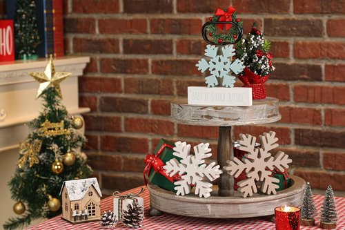 KORMMCO Christmas Snowflake Decor - White Wooden Table Signs | Winter Tiered Tray Decorations - 4 Pieces