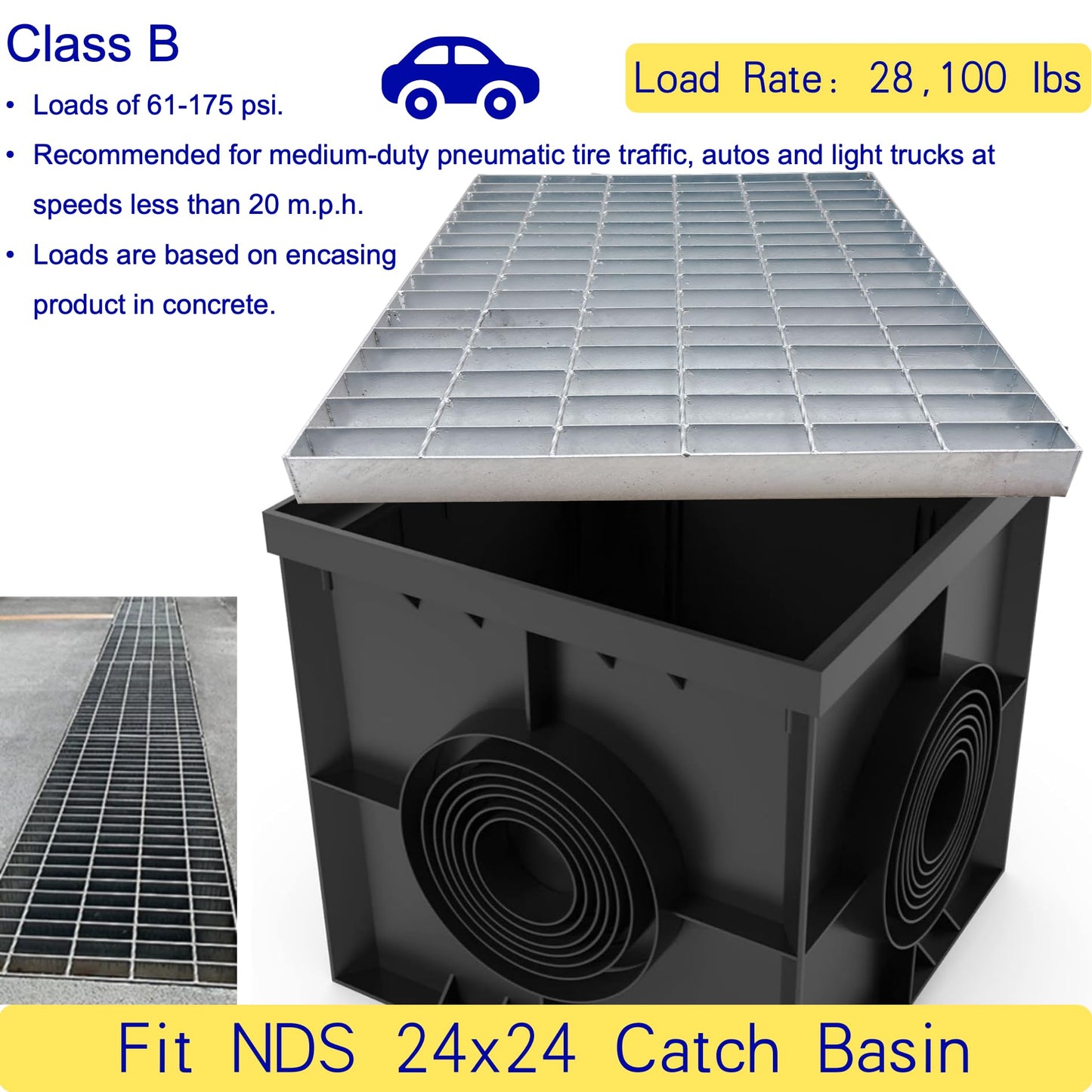 MOSINSBO Galvanized Steel Drain Grate 24x24 in for NDS Catch Basin, B-Class 28100 lbs Heavy-Duty Outdoor Driveway Trench Drainage Grate, Silver Square Replacement Metal Channel Sewer Cove