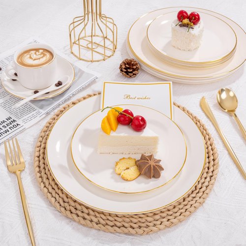 bUCLA 100PCS Ivory Plastic Plates with Gold Rim - Heavy Duty Cream Disposable Include 50 Dinner 10 inch & 50 Dessert 7 inch, for Party & Wedding