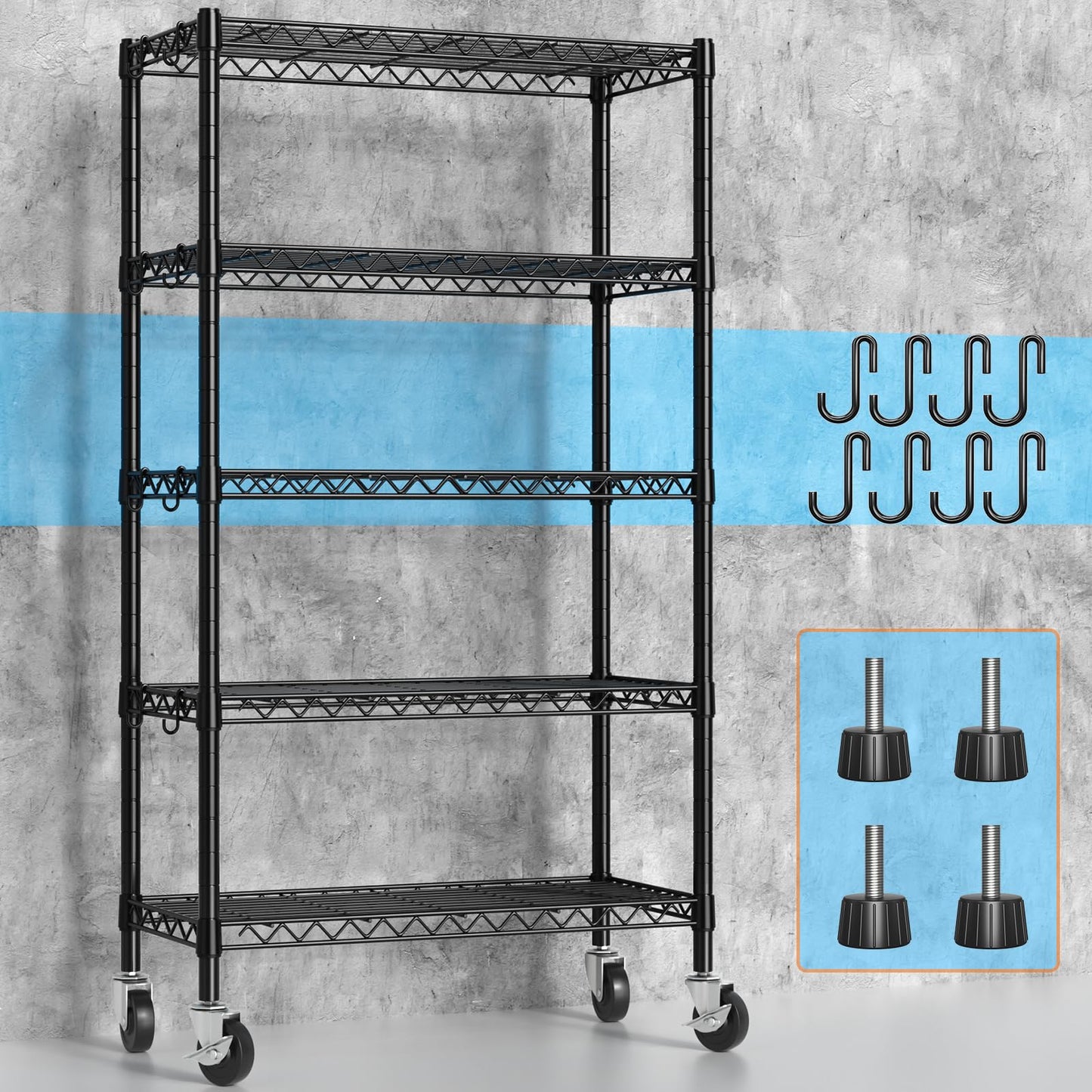 Hodonas Wire Shelving, 1900lbs Capacity 5 Tier Heavy Duty NSF Wire Shelf with Rolling Wheels Black Metal Storage Shelves Adjustable Wire Rack Unit 36"W x 14"D x 72"H for Kitchen Bathroom Garage Closet
