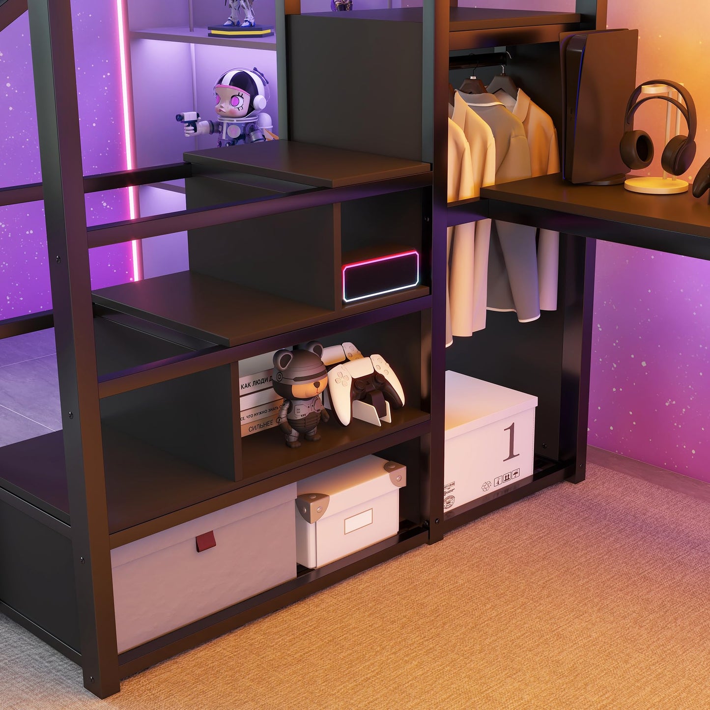 KEIKI Full Size Metal Loft Bed Frame with Desk, Staircase, Built-in Storage Shelves and Wardrobe, Modern Loft Bed with Solid Slats, Guardrail, No Box Spring Required, Easy Assembly, for Bedroom, Black