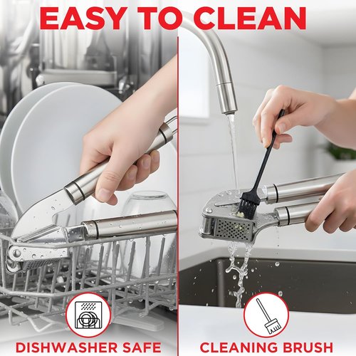 Alpha Grillers Garlic Press - Stainless Steel, Easy to Clean & Rust-Proof | Includes Silicone Peeler & Brush