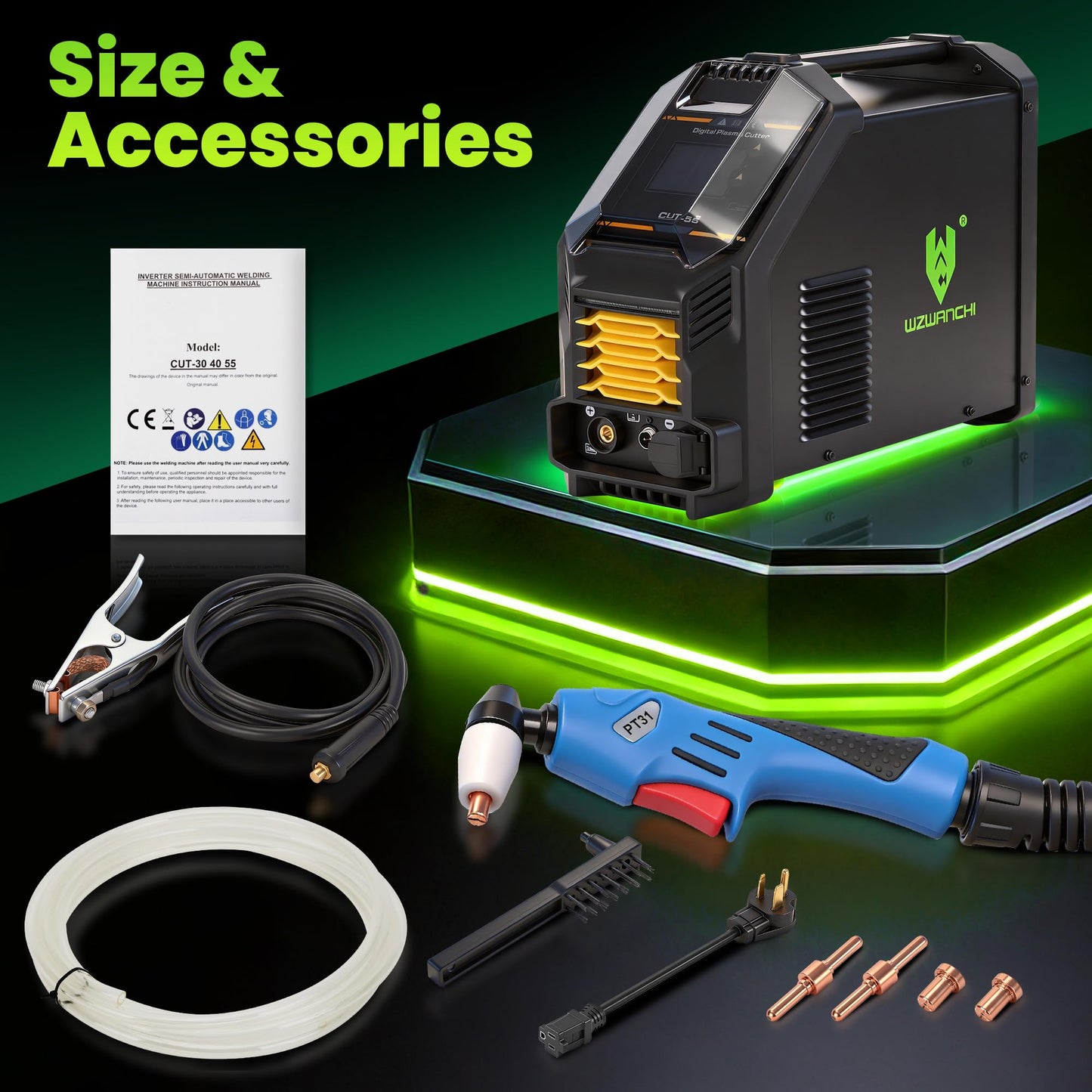 WZWANCHI 55A Plasma Cutter, 【45° Digital LED Display】Pilot ARC HIgh Frequency Plasma Ctting Machine With 2T/4T IGBT Post Gas, Max Cutting 3/5', Clean Cutting 1/2''
