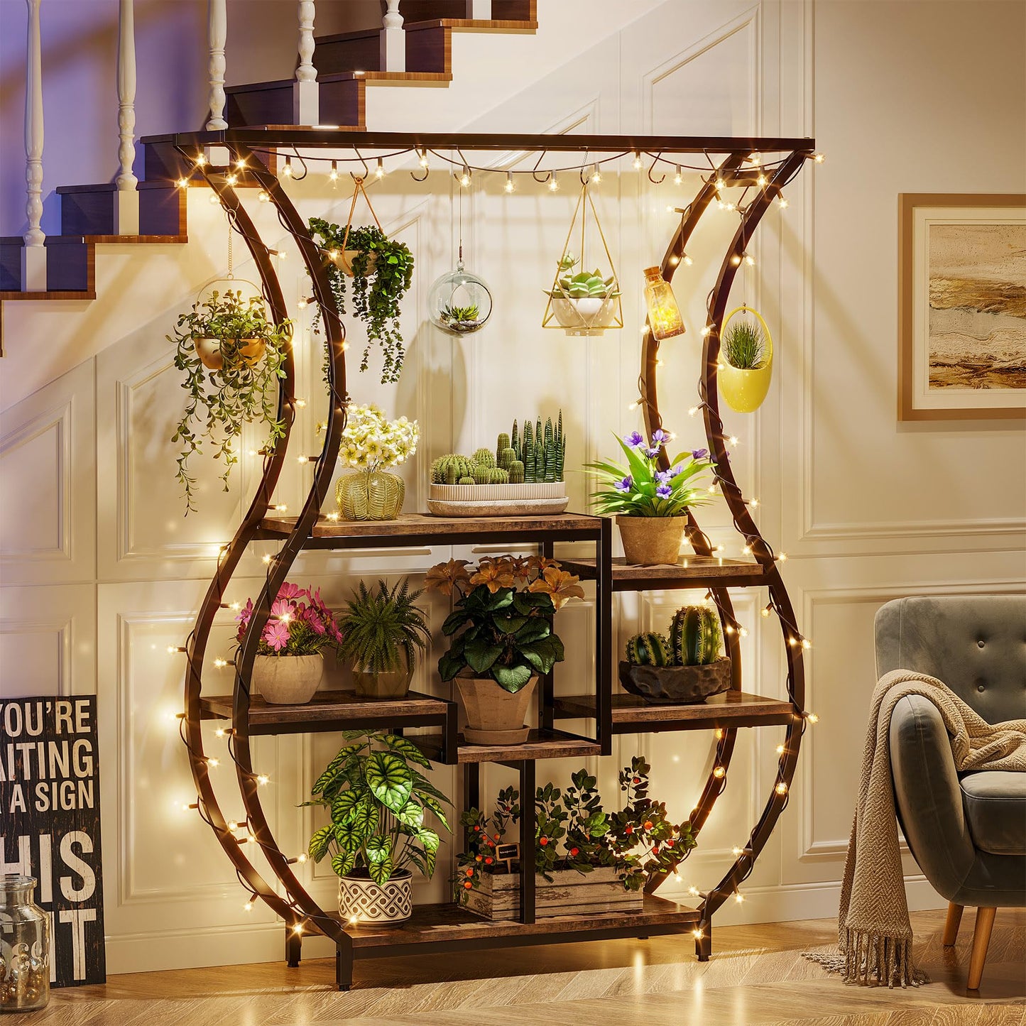 LITTLE TREE 6-Tier Plant Stand, 70.9 Inches Tall Industrial Plant Shelf with 10 Hanging Hooks, Potted Plants Flower Bonsai Pots Display Rack for Living Room, Garden, Balcony, Rustic Brown