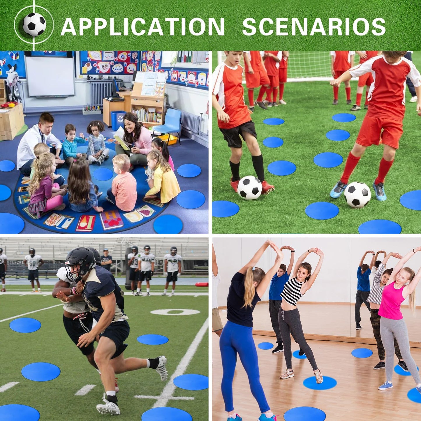 PIKZH Poly Spot Markers 9 inch 12 Pcs Non-Slip Rubber Agility Training Markers Floor Dots Flat Field Cones for Football Soccer Ball Basketball School Exercise Drills Gym Dance Practice TPE Blue
