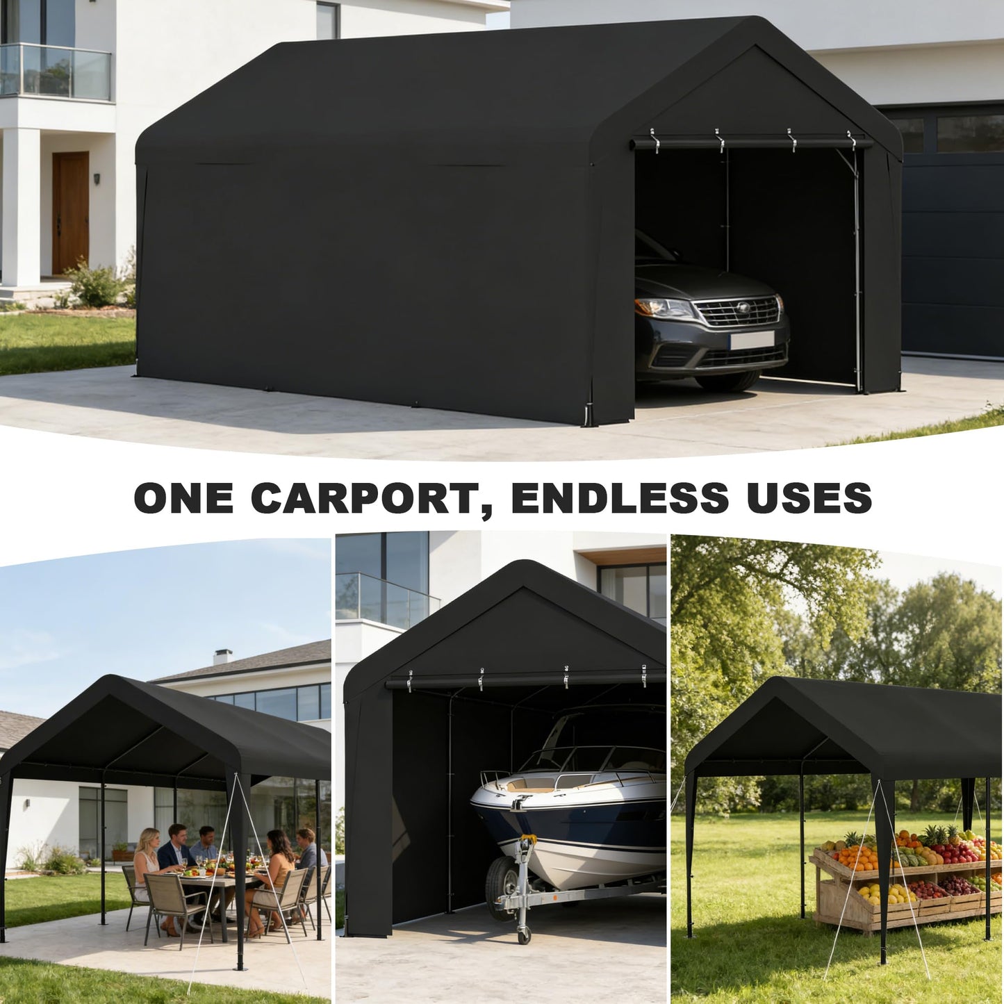 Carport 10 x 20 FT Heavy Duty, Portable Garage Canopy, Waterproof Car Canopy with Side-Opening Removable Door, Carport Canopy for Car, Truck, Boat, Equipment (Black)