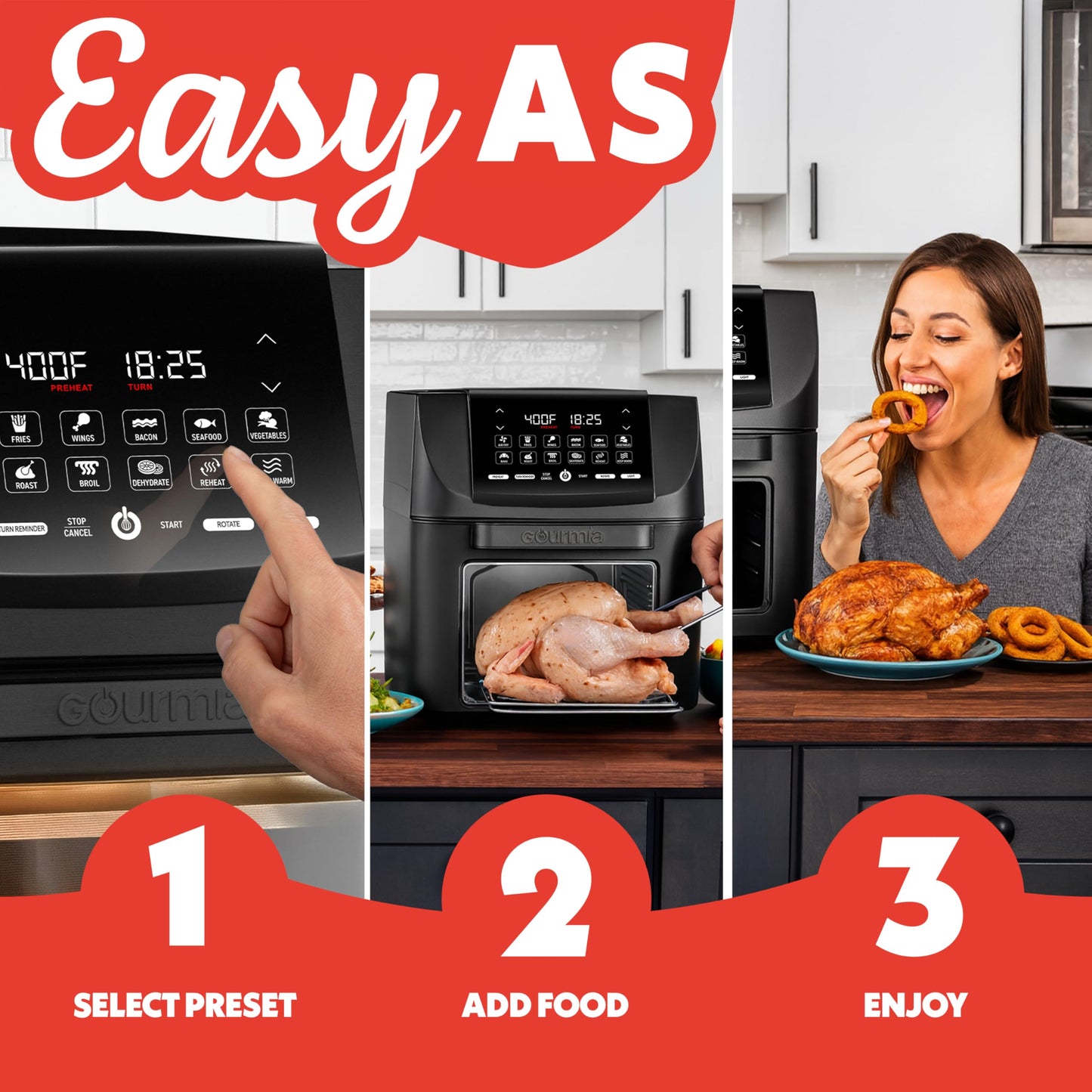 Gourmia Air Fryer - 14 Qt All-in-One Oven with Rotisserie, Digital Display with 12 Presets, Roast, Bake, Broil, Dehydrate, Dishwasher Safe Accessories, Black