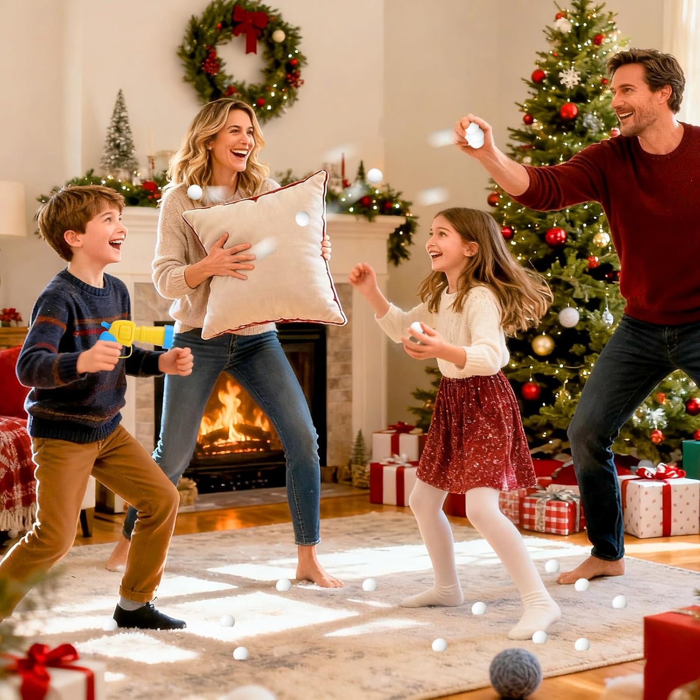 Vodolo Fake Snow Balls - 100 PCS Indoor Snowball Fight Set with Launcher & Snow Bag | Winter Fun