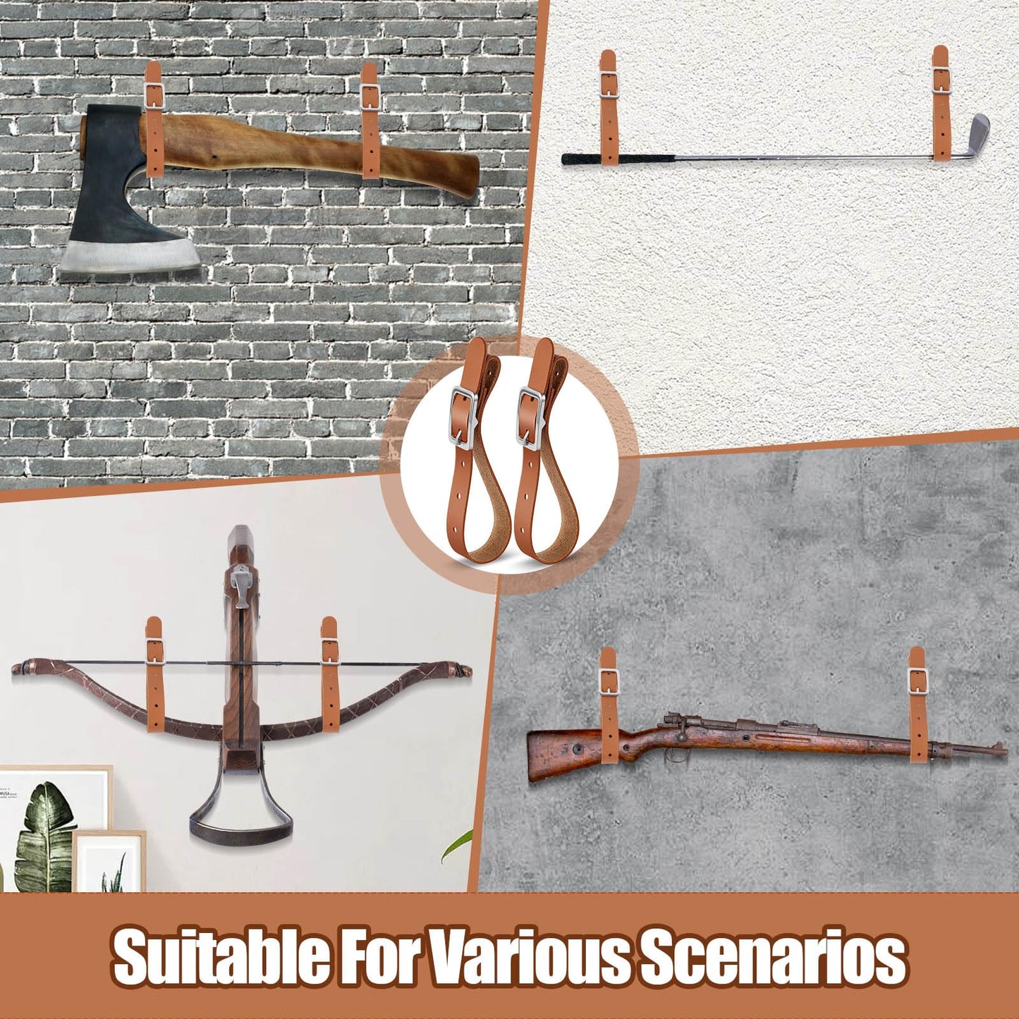 Vercraft 4 Pcs Leather Adjustable Gun Rack Straps Wall Mount Holder for Rifle, Shotgun, Axe, Hatchet, Sword and Tools, Hunting Decor with Screws and Expansion Bolts (Brown)