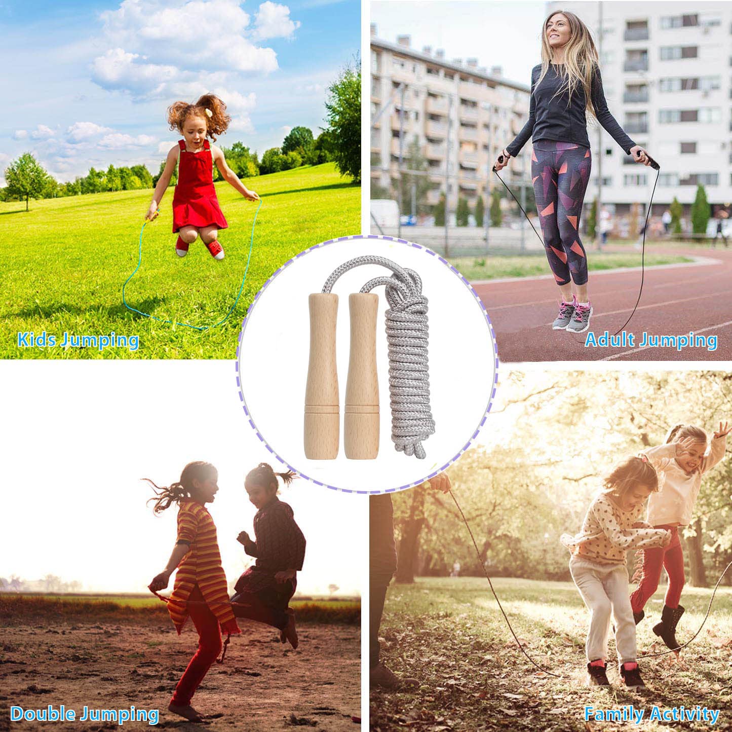 Jump Rope Kids,8.5ft Adjustable Cotton Skipping Rope with Wooden Handle for Boys and Girls Fitness Outdoor Exercise (Silver)