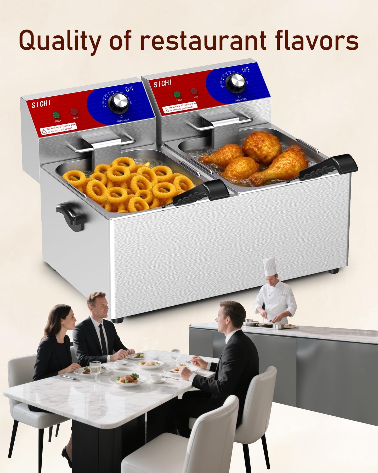 HTTSICHI Commercial Deep Fryer - 26 L Large Deep Fryer with 10 L Basket, Commercial Deep Fryer with Basket (2Pcs), Stainless Steel Countertop Deep Fryer w/Adjustable Temperature and Restaurant Use