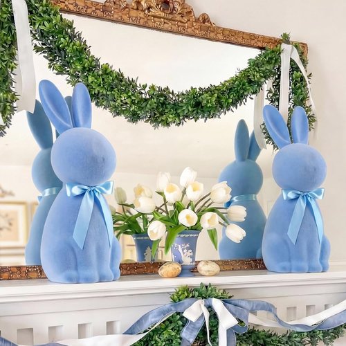 Lineshading Blue Easter Bunny Decorations - 25" Flocked Standing Large Bunny Figurine for Porch & Lawn Decor