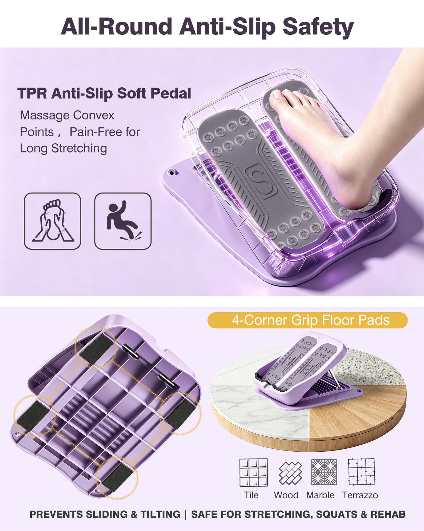 9-Level Adjustable Slant Board for Calf Stretching, Incline Board with 2 Resistance Bands, Portable Calf Stretcher for Exercise & Physical Therapy Equipment (Purple)