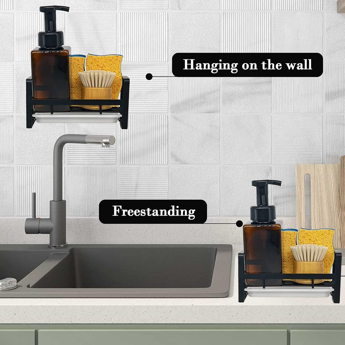 VANTEN Kitchen Sink Caddy - Matte Black Stainless Steel Sponge Holder & Soap Dish Organizer | Wall Mount or Countertop