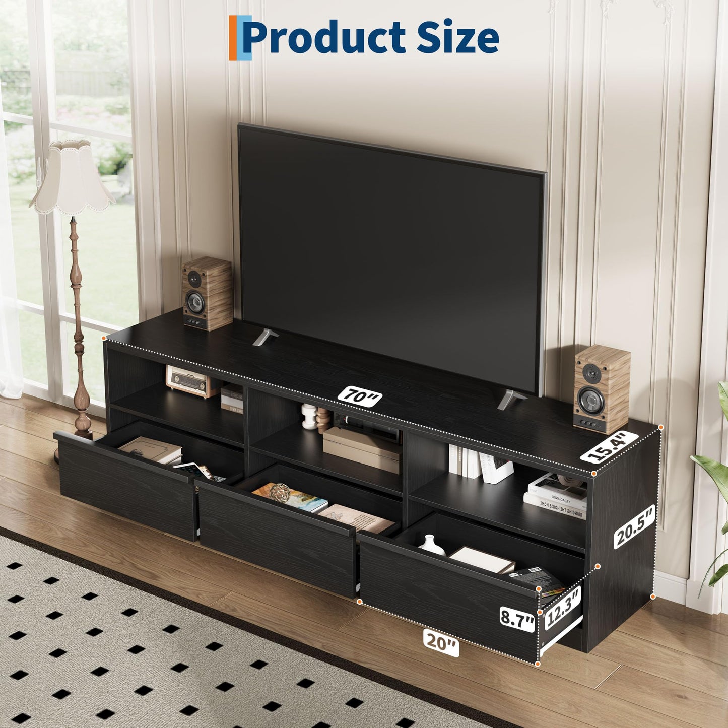 IDEALHOUSE 70" TV Stand for 75 80 Inch TV, Mid-Century Modern Entertainment Center with Storage Drawer & Open Shelves, Wood Media Console Table for Living Room & Bedroom, Black