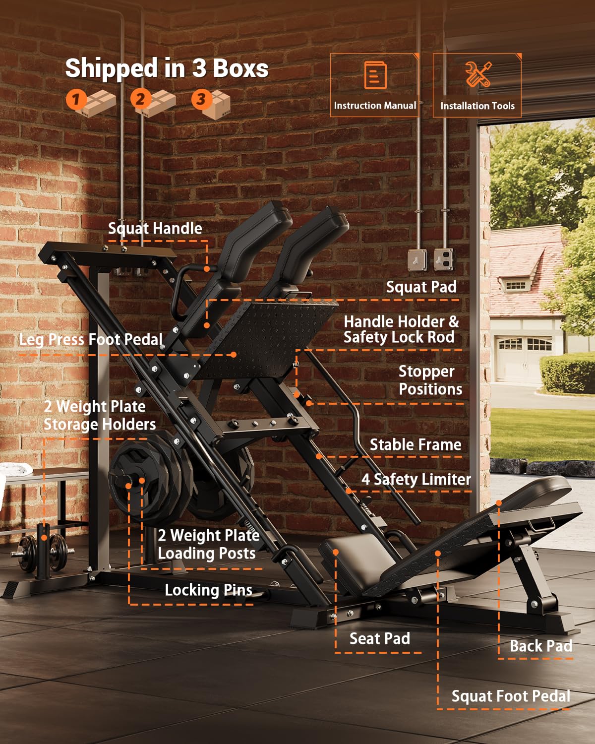 Garvee 3 in 1 Leg Press Machines for Home Gym, Professional Hack Squat Machine, Workout Equipment with Weight Storage Posts for Fitness and Strength Training, Fit 1" & 2" Weight Plates, Black