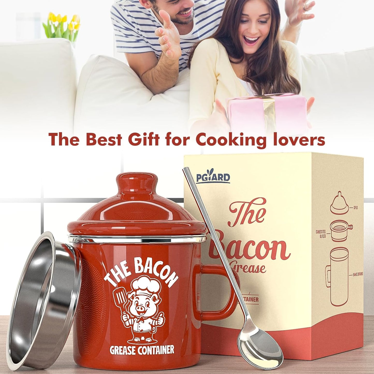 PGYARD Mini Bacon Grease Saver - 15oz Enamel Container with Strainer | Farmhouse Kitchen Fat Keeper, Dishwasher Safe - Red