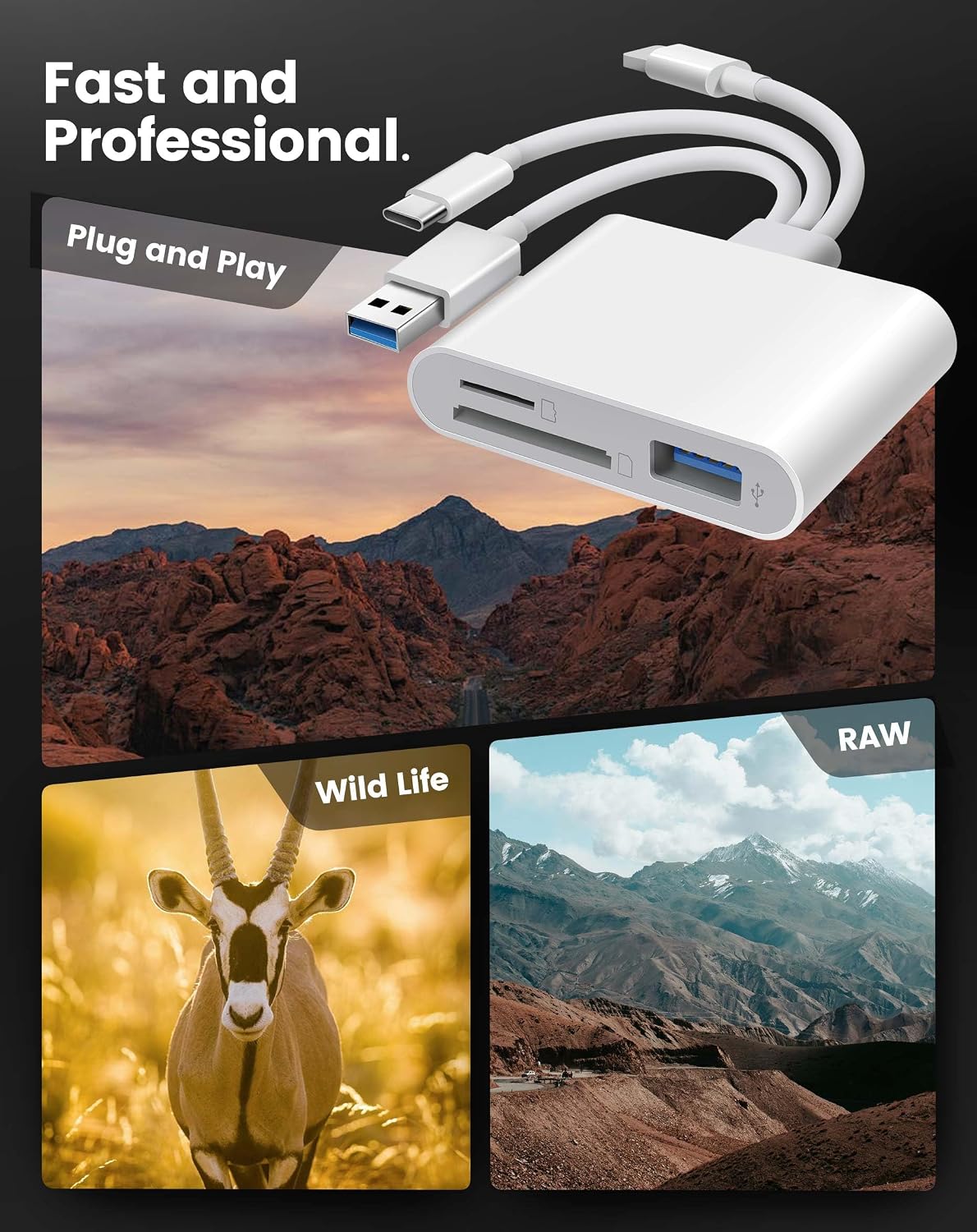 BKYMPR 3 1 SD Card Reader for iPhone iPad Mac, Lightening & USB-C & USB-A in Memory SD Card Adapter, Support