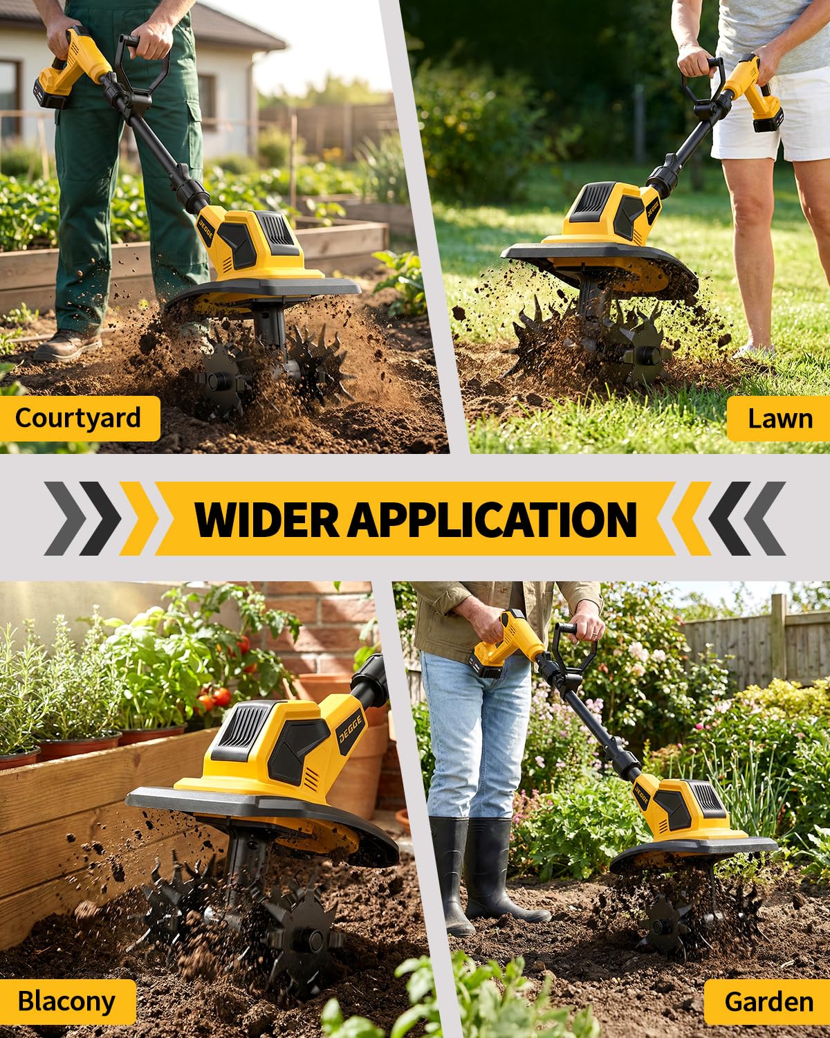 DEGGE Tiller, Cordless Tiller Cultivator with 48 Steel Tines, 9 inch Tilling Width and 6.7 inch Depth, 2 x 3.0Ah 21V Batteries & Charger, Gardening Tools for Lawn/Gardening/Soil Cultivation