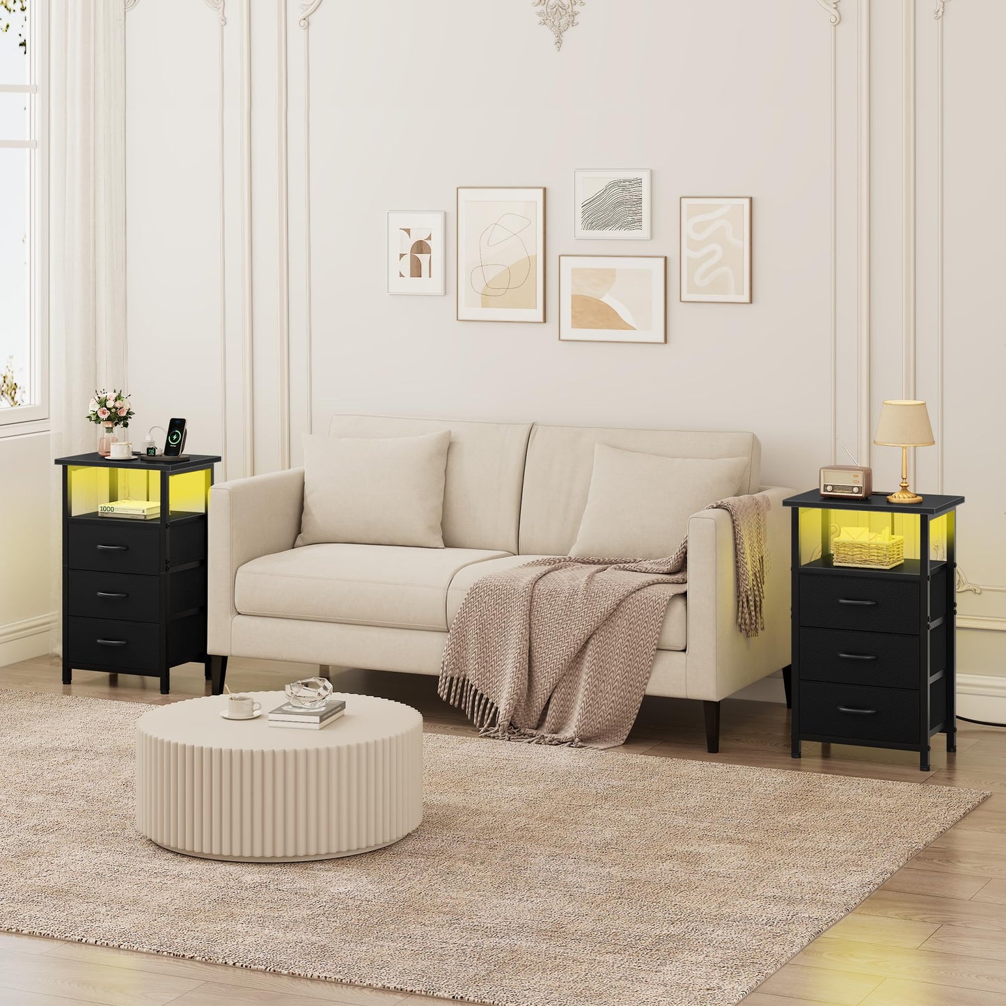 Vagusicc Night Stand Set 2 with Charging Station, LED Nightstand for Bedroom, Bedside Table with 3 Fabric Drawers, End Table Side Table with USB Ports & Outlets, Bed Side Table for Bedroom, Black