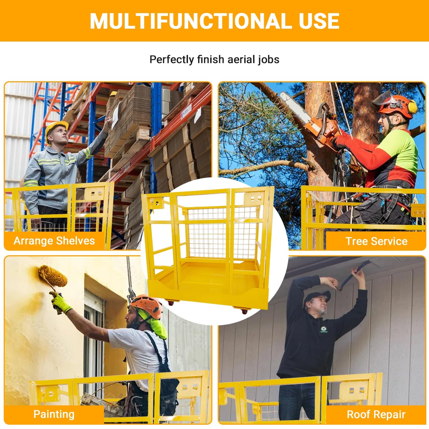 43"X45" Forklift Safety Cage, 1400 LBS Forklift Man Basket Work Platform with Safety Strap & Lockable Swivel Wheels, Heavy Duty Collapsible Lift Cage for Most Aerial Jobs