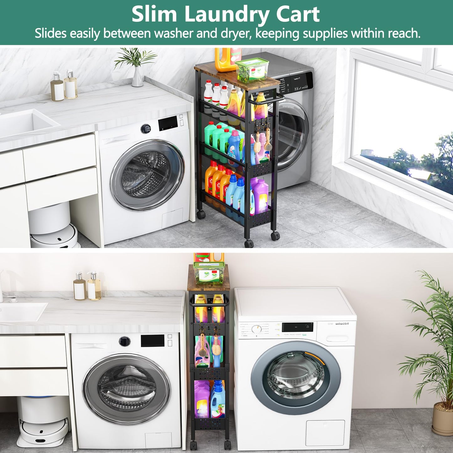 Vivihomety Utility Slim Storage Cart with Wheels, 4 Tier Small Rolling Cart with Wood Top, Metal Kitchen Bathroom Laundry Room Organization Trolley with Handle for Narrow Space – Black