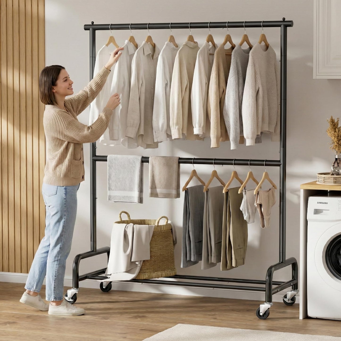 SLEEPING LAMB Heavy Duty Clothes Rack with Wheels, Metal Rolling Garment Rack for Hanging Coats, Shirts (Black)